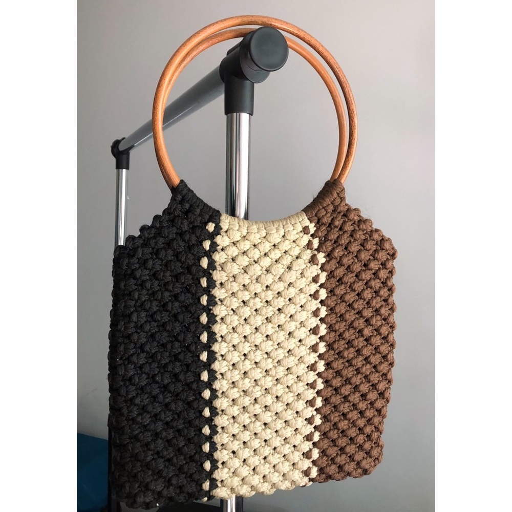 Handwoven Tri-Color Shoulder Bag with Wooden Handles
